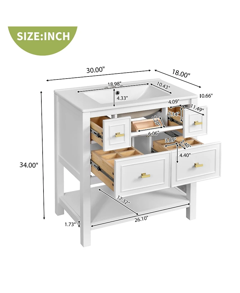 Casainc 30-Inch Bathroom Vanity with Ceramic Sink Combo, Freestanding Single Vanity, 5 Drawers & Solid Wood Storage