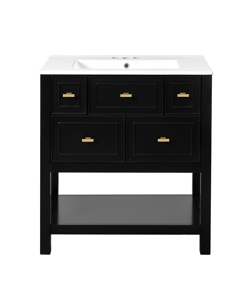 Casainc 30-Inch Bathroom Vanity with Ceramic Sink Combo, Freestanding Single Vanity, 5 Drawers & Solid Wood Storage