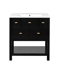 Casainc 30-Inch Bathroom Vanity with Ceramic Sink Combo, Freestanding Single Vanity, 5 Drawers & Solid Wood Storage