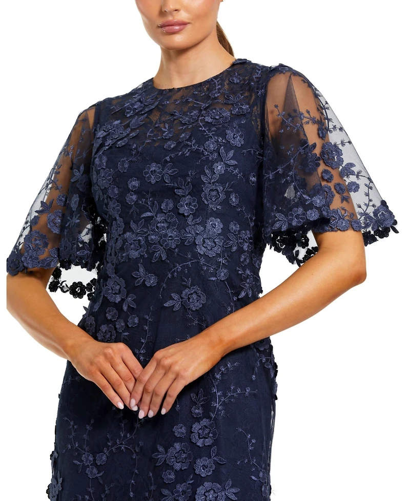 Mac Duggal Women's Flutter Sleeve Floral Embroidered Net Gown