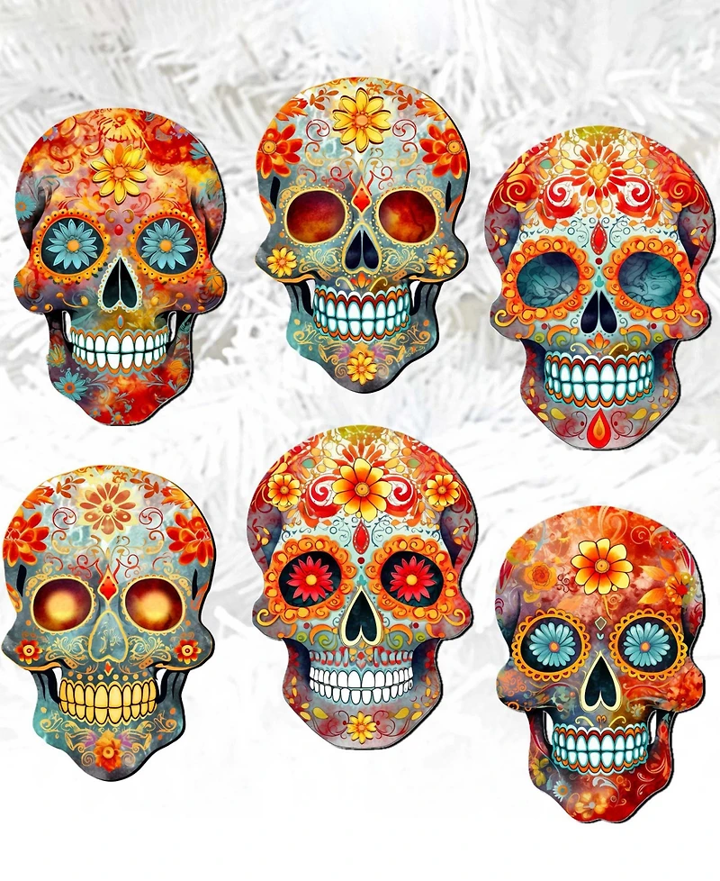 Designocracy Sugar Skulls Wood Clip-on Ornaments, Set of 6