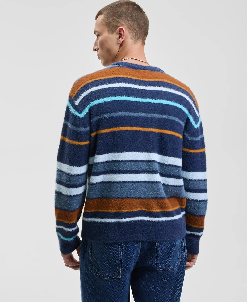 Mode of One Men's Relaxed Fit Long Sleeve Fuzzy Striped Crewneck Sweater, Macy's Exclusive