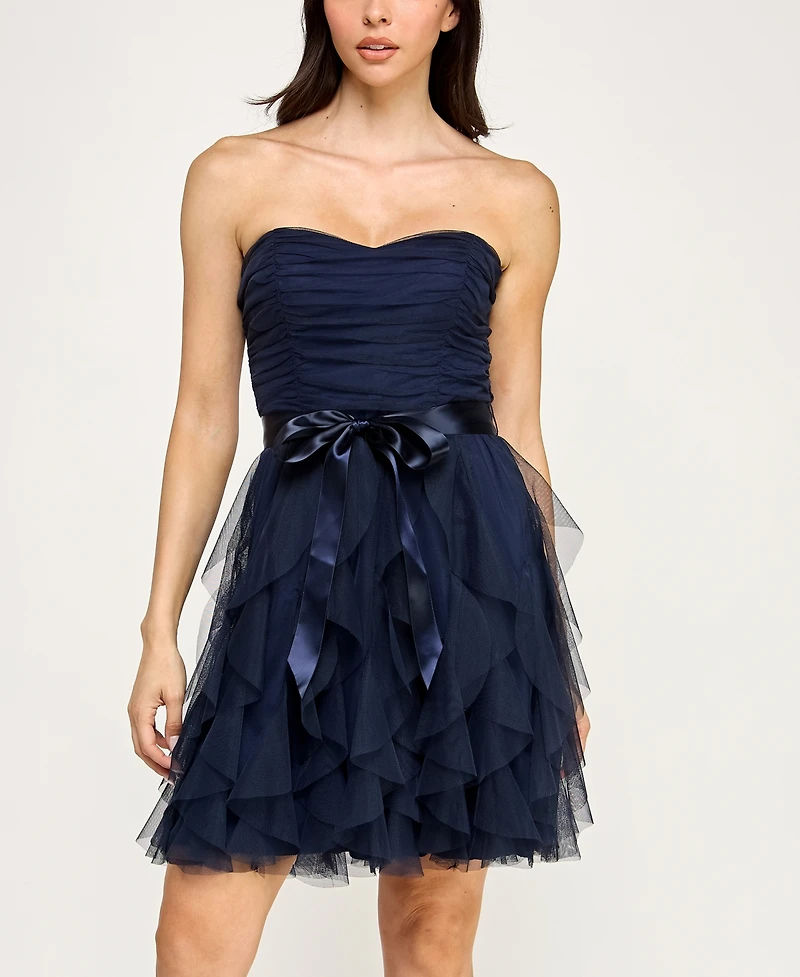 pear culture Women's Strappy Solid Mesh Petal Dress