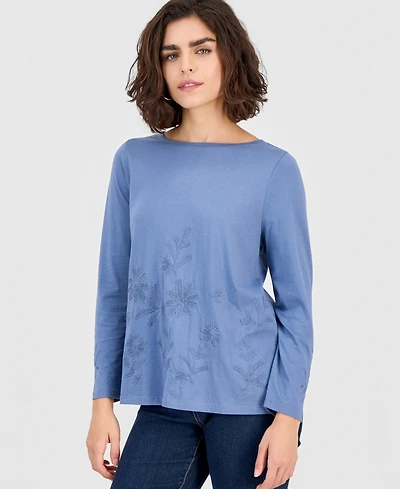 Style & Co Women's Embroidered Boat-Neck Long-Sleeve Top, Macy's Exclusive