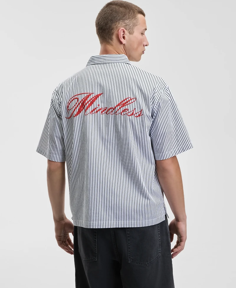 Mode of One Men's Relaxed Fit Short Sleeve Striped Embroidered Button-Front Shirt, Macy's Exclusive