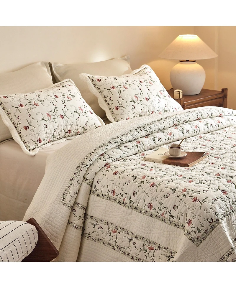 MarCielo 3Pcs 100% Cotton Embroidery Delicate Floral Quilt Bedspread Set King