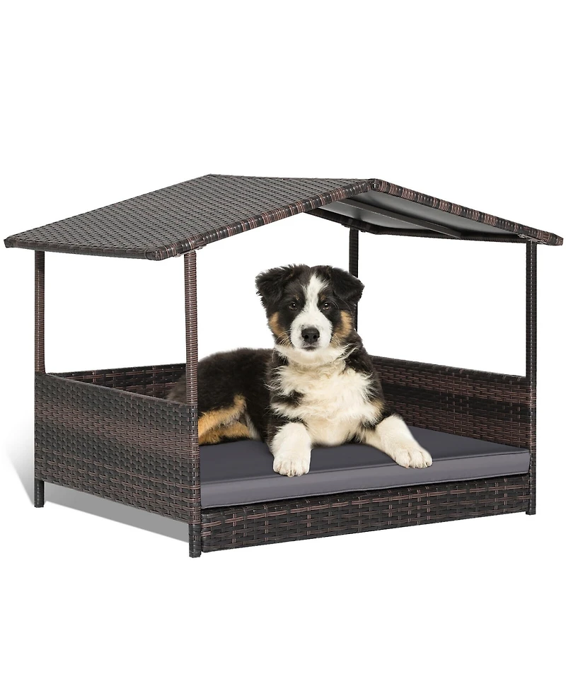 Gymax Wicker Dog House w/ Cushion Lounge Raised Rattan Bed for Indoor/Outdoo