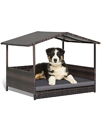 Gymax Wicker Dog House w/ Cushion Lounge Raised Rattan Bed for Indoor/Outdoo