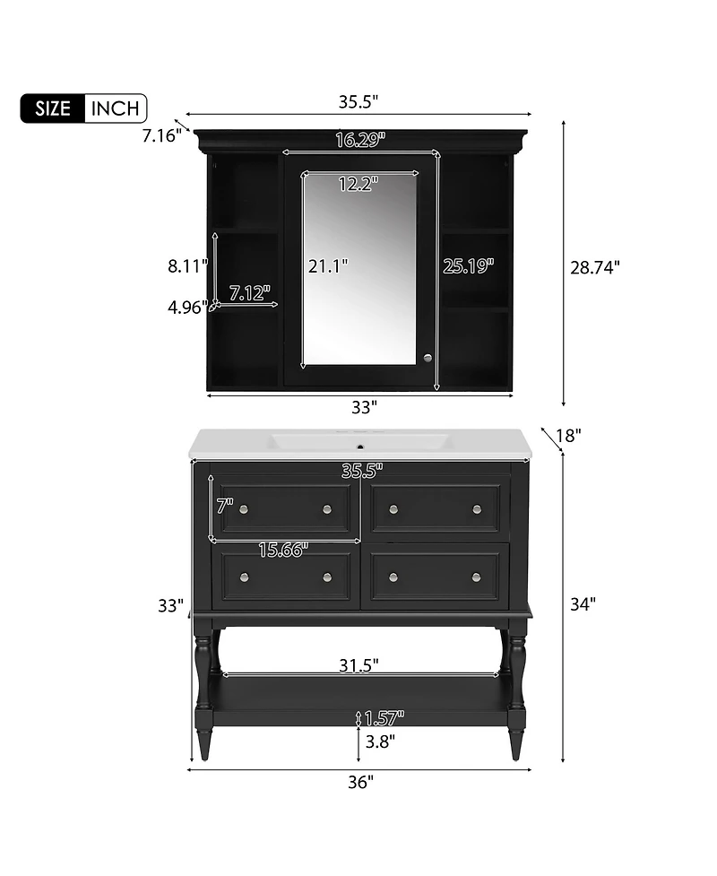 Casainc 36-Inch Bathroom Vanity with Mirror Cabinet, Adjustable Shelves, 4 Drawers & Solid Wood Storage Cabinet