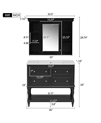 Casainc 36-Inch Bathroom Vanity with Mirror Cabinet, Adjustable Shelves, 4 Drawers & Solid Wood Storage Cabinet