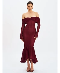 Miss Circle Women Kaedyn Burgundy Off Shoulder Long Sleeve Crochet Mermaid Maxi Dress