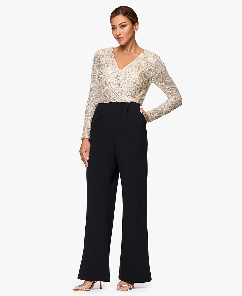 Xscape Women's Sequined-Bodice Straight-Leg Jumpsuit