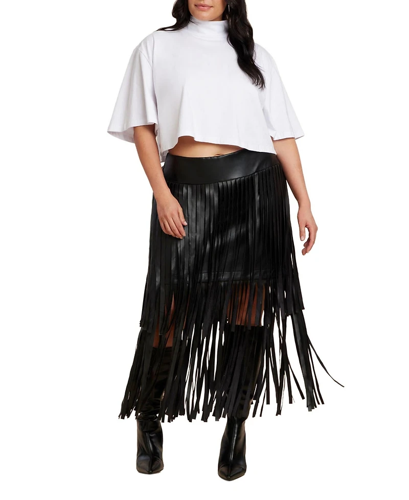 Eloquii Women's Plus Faux Leather Fringe Skirt