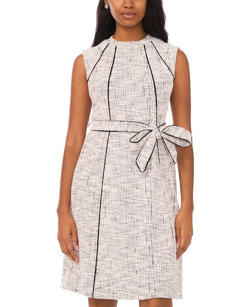 Msk Petite Short Sleeves Belted Tweed Midi Dress