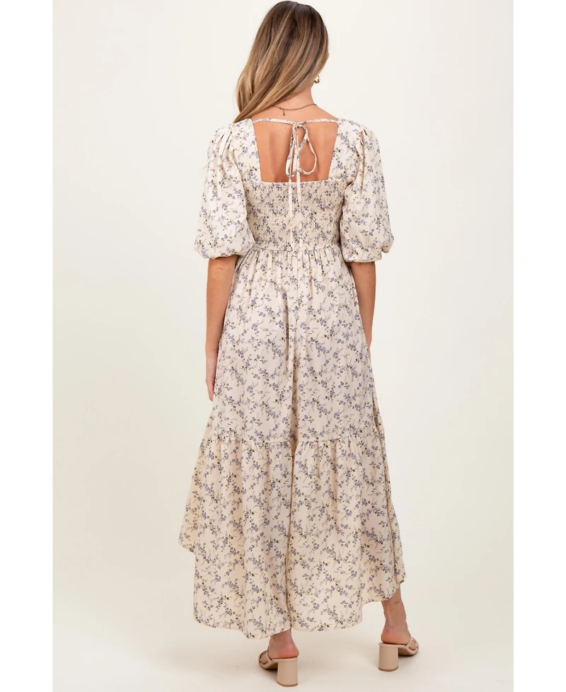 Pinkblush Maternity Ivory Floral Smocked Hi-Low Puff Sleeve Maxi Dress