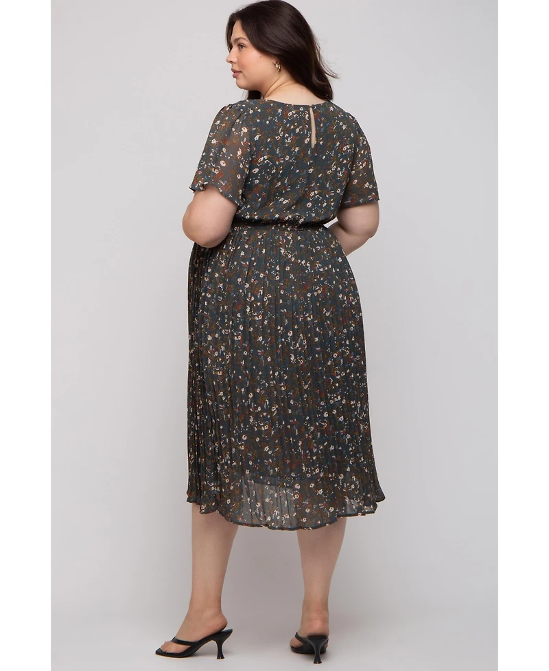 Pinkblush Plus Size Light Pink Floral Pleated Chiffon Midi Dress