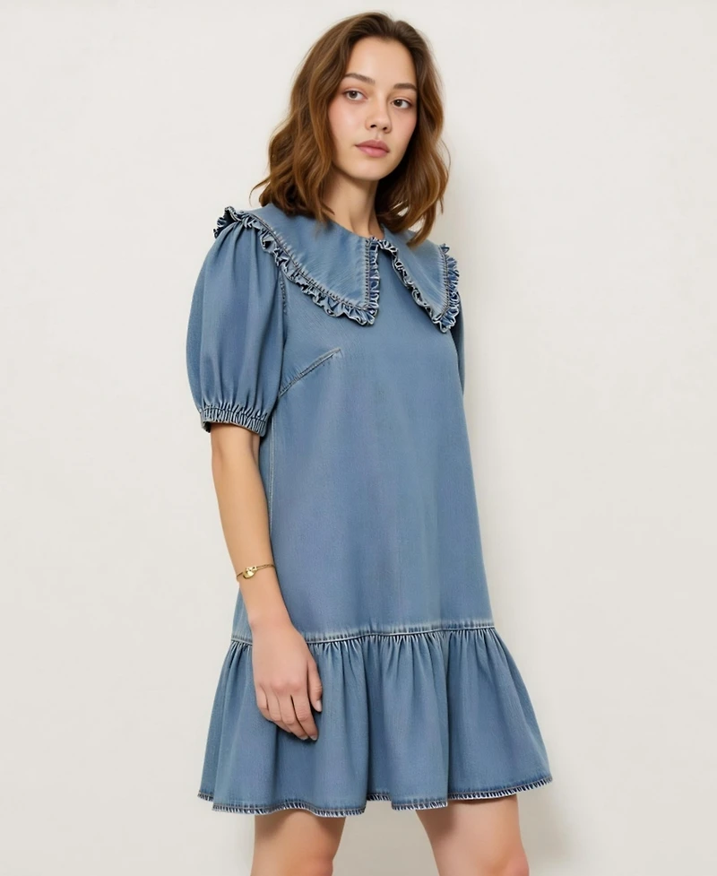 Modenaire Women's Ruffled Collar Short Dress with Puff Sleeves and Tiered Hem