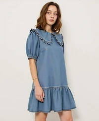 Modenaire Women's Ruffled Collar Short Dress with Puff Sleeves and Tiered Hem