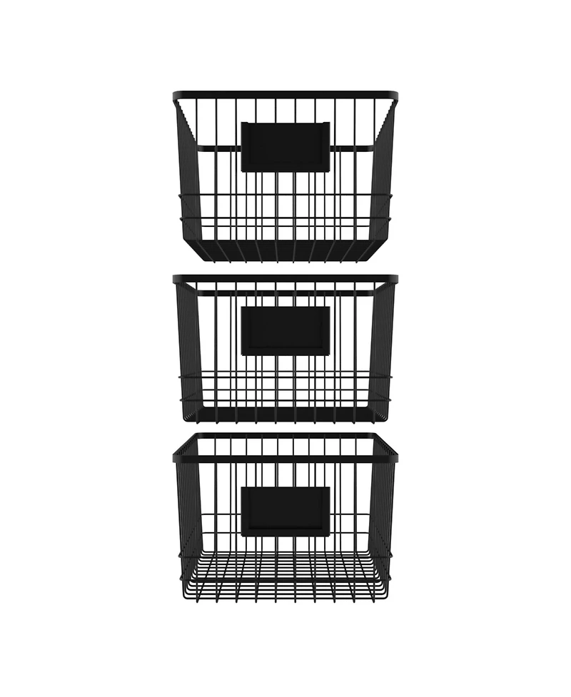 Oceanstar Metal Wire Organizer Bin Basket with Card Holder, Set of 3, Black