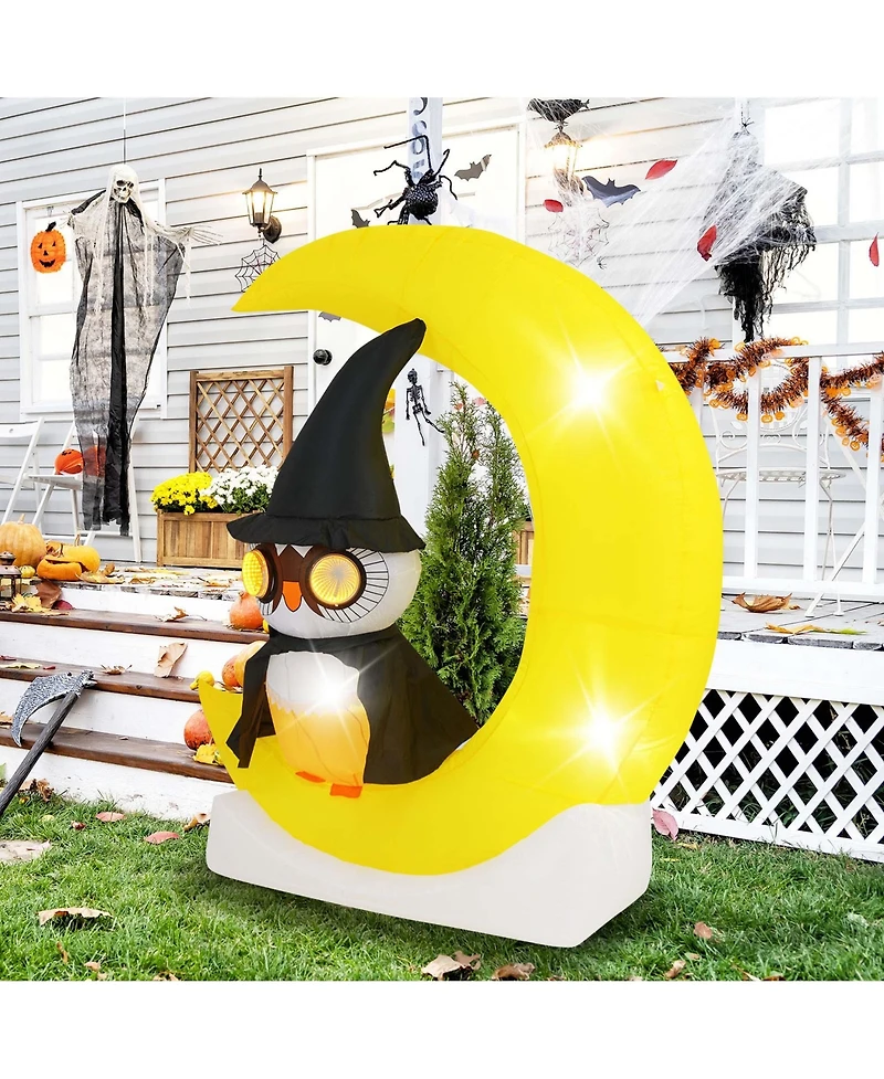 4.3 x 5.1 ft Inflatable Owl on Moon Led Lighted Halloween Decoration w/ Large Moon & Wizard Owl w/ Stakes & Sandbags