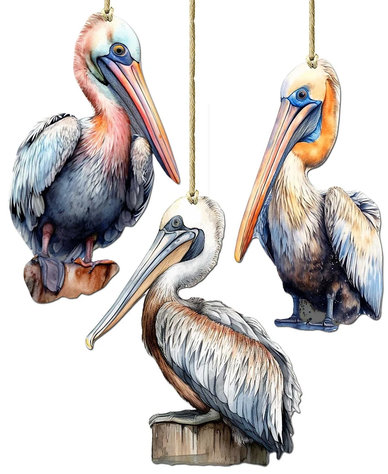 Designocracy Pelicans Christmas Wooden Ornaments, Set of 3