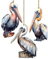 Designocracy Pelicans Christmas Wooden Ornaments, Set of 3