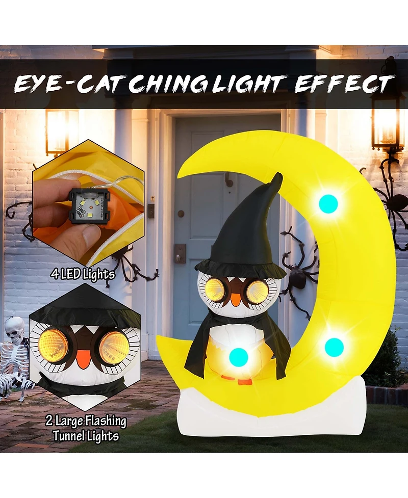 4.3 x 5.1 ft Inflatable Owl on Moon Led Lighted Halloween Decoration w/ Large Moon & Wizard Owl w/ Stakes & Sandbags