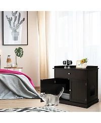 Gymax Wooden Cat Litter Box Enclosure w/ Drawer Side Table Furniture