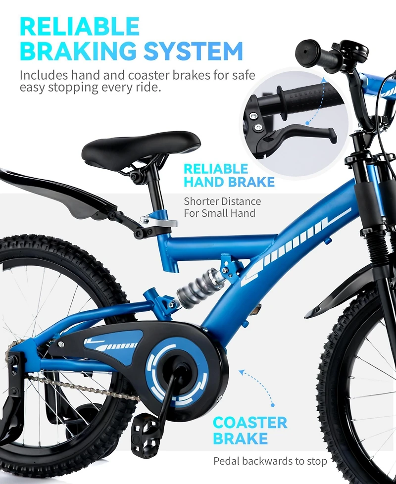 16" Kids Bike with Adjustable Seat, Dual Brakes, Suspension and Training Wheels for Ages 4–7