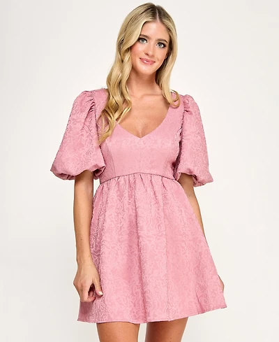 City Studios Juniors' Jacquard Balloon-Sleeve Fit & Flare Dress