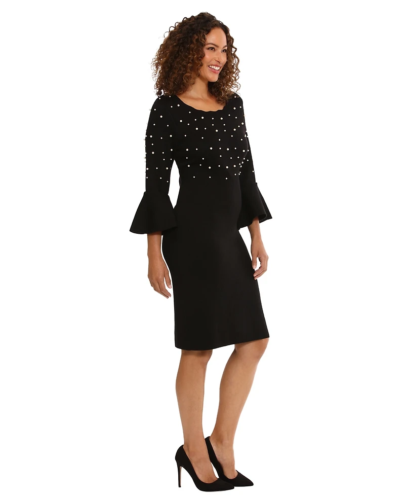 London Times Women's Bell Sleeve Crew Neck Body Con Dress