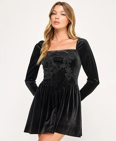 Seni & Cade Juniors' Velvet Drop Waist Embroidered Pull-On Short Dress