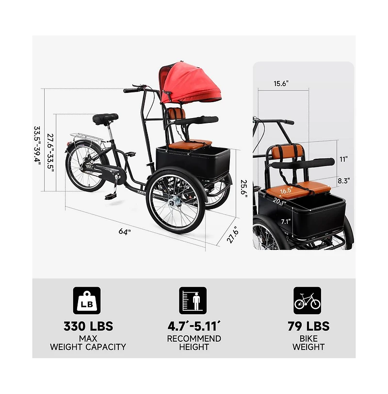 Artudatech 20 inches Pet Dog Cart Tricycle Shopping Three Wheel Tricycle with Sunshade