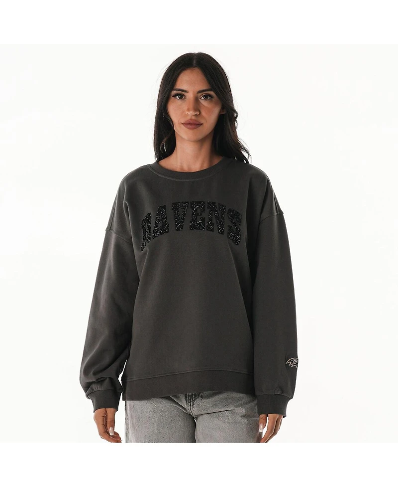 The Wild Collective Women's Charcoal Baltimore Ravens Rock Crystal Oversized Crewneck Sweatshirt