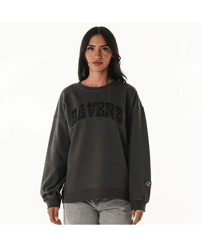 The Wild Collective Women's Charcoal Baltimore Ravens Rock Crystal Oversized Crewneck Sweatshirt