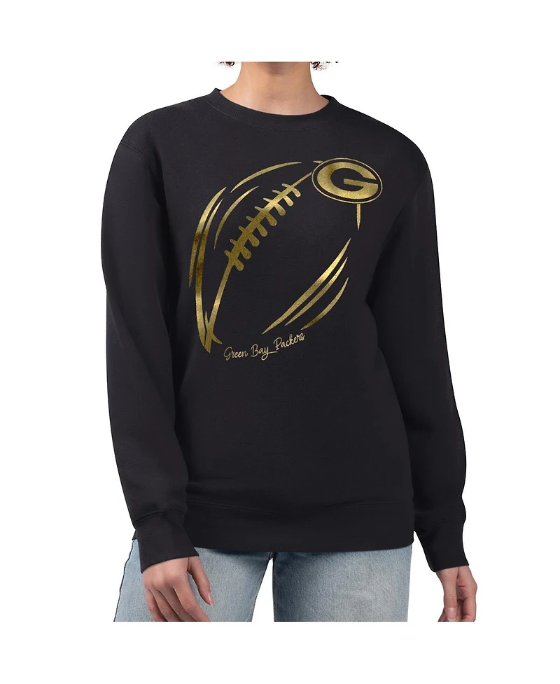 G-iii 4Her by Carl Banks Women's Black/Gold Green Bay Packers Metallic Print Football Sketch Fleece Crewneck Sweatshirt