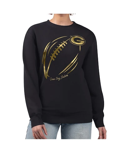 G-iii 4Her by Carl Banks Women's Black/Gold Green Bay Packers Metallic Print Football Sketch Fleece Crewneck Sweatshirt