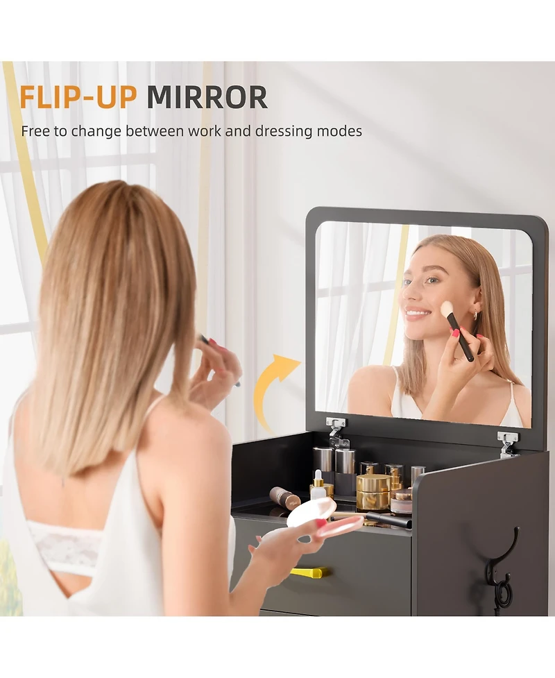 Vlsrka 3-in-1 Vanity Desk with Flip Mirror, Glass Top, 3 Drawers