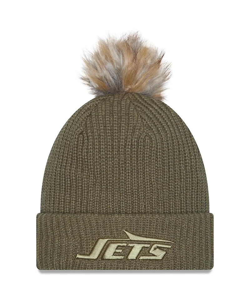 New Era Women's Dark Green New York Jets 2025 Salute to Service Cuffed Knit with Pom Hat