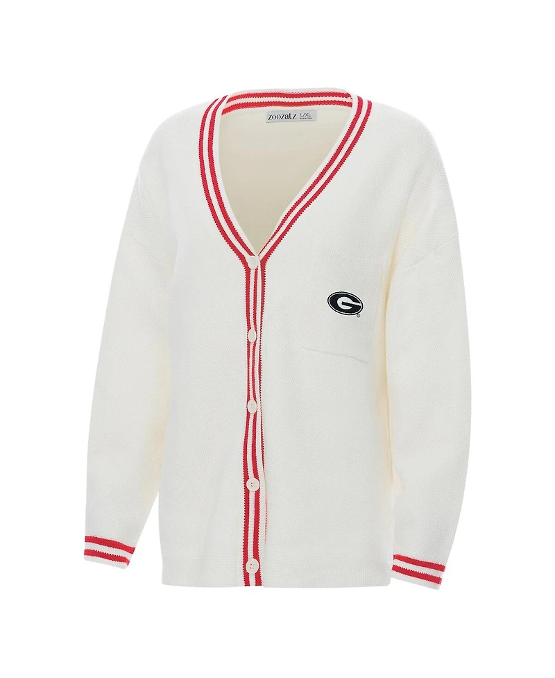 ZooZatz Women's Cream Georgia Bulldogs Striped Knit Button-Up Cardigan Sweater