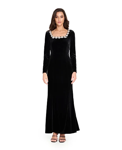 Tahari Asl Women's Rhinestone Square Neck Long Sleeve Velvet Gown