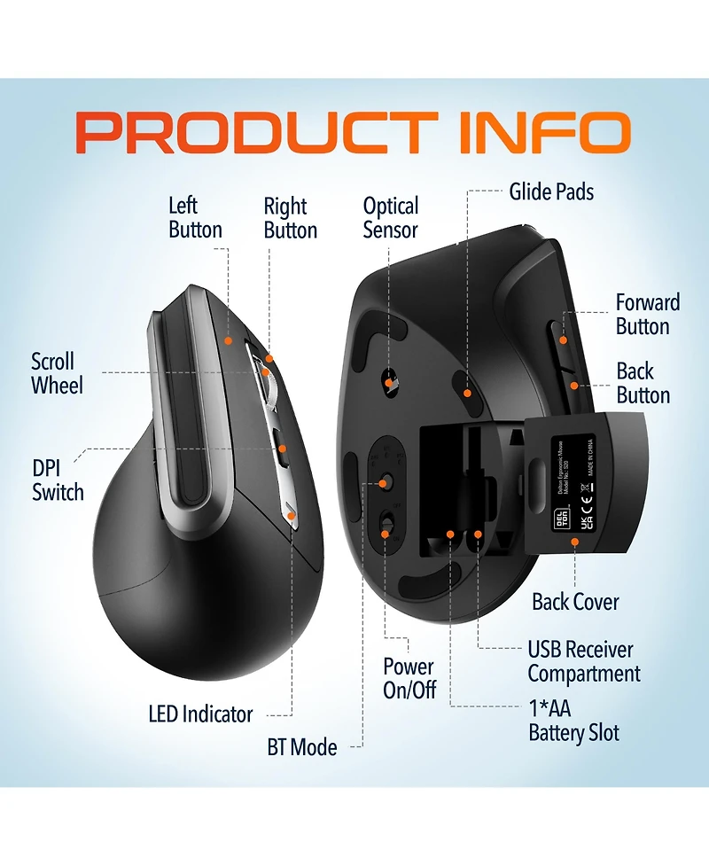 Delton S20 Ergonomic Vertical Wireless Mouse, Bluetooth & 2.4GHz (DMS20-wb)