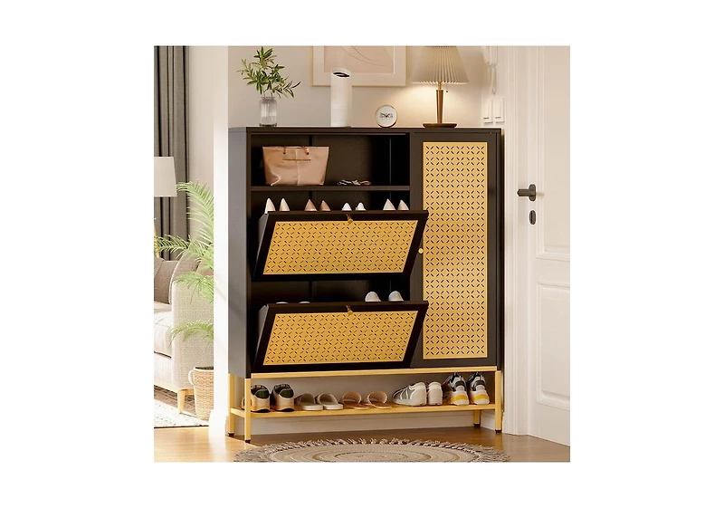 Aecojoy Shoe Storage Cabinet with 2 Flip Drawers - Hidden Organizer for Entryway, Metal Rack Door & Open