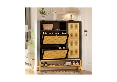 Aecojoy Shoe Storage Cabinet with 2 Flip Drawers - Hidden Organizer for Entryway, Metal Rack Door & Open