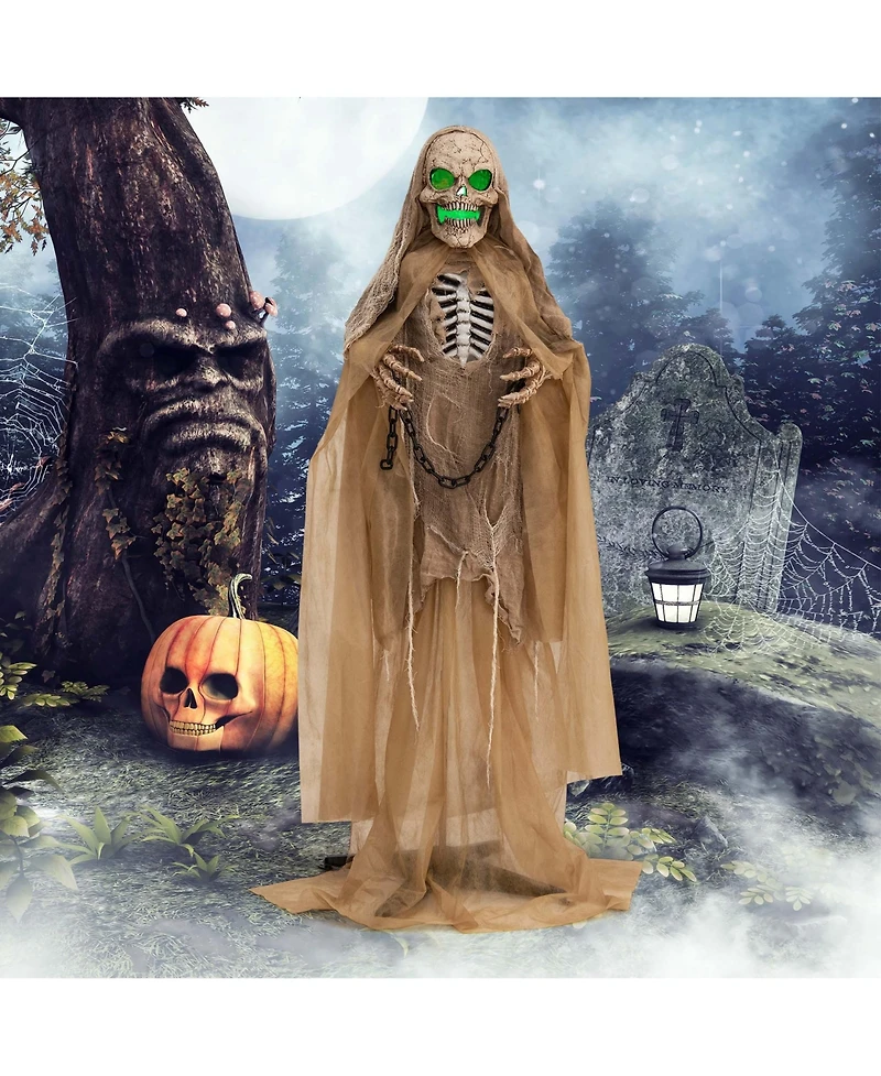 Lighted and Animated Halloween Decoration 67" Outdoor Halloween Skeleton w/ Led Creepy Skull w/ Vocally Triggered Sound & Motion Effects