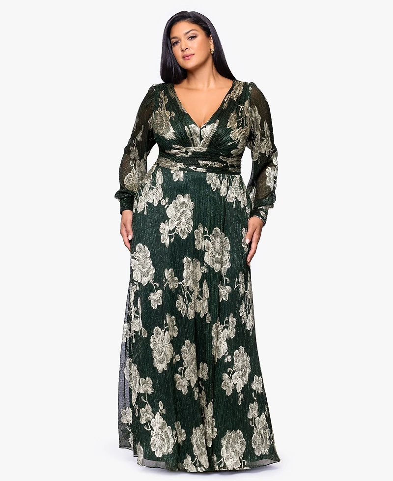 Betsy & Adam Plus Crinkle Foil Long Sleeves Dress