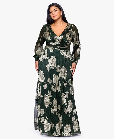 Betsy & Adam Plus Crinkle Foil Long Sleeves Dress