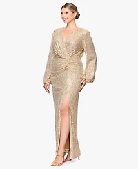 Betsy & Adam Plus Sequin V-Neck Long Bell Sleeves Dress
