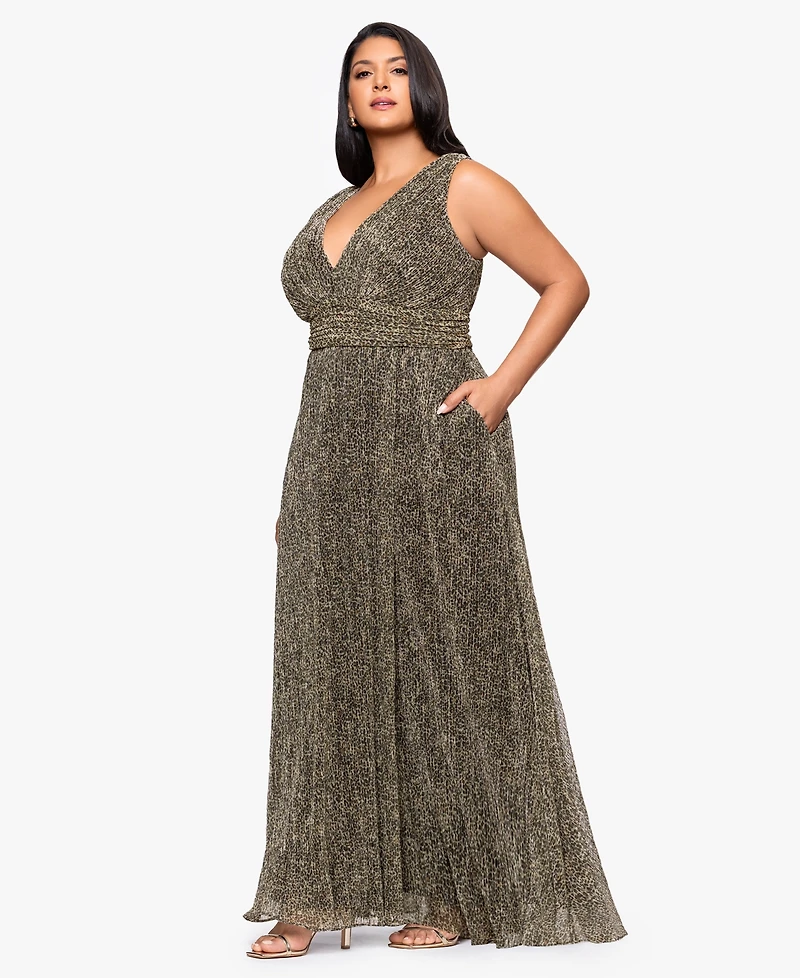 Betsy & Adam Plus Sleeveless Animal Crinkle Long Dress