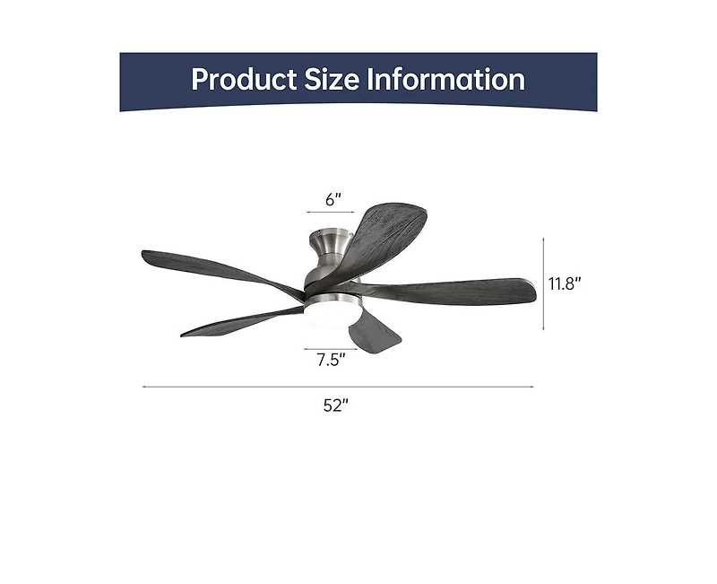 52-inch Modern Minimalist Sand Nickel 5-Blade Flush Mount with Led Light Remote Control Supports 6 Speeds and Timer Function